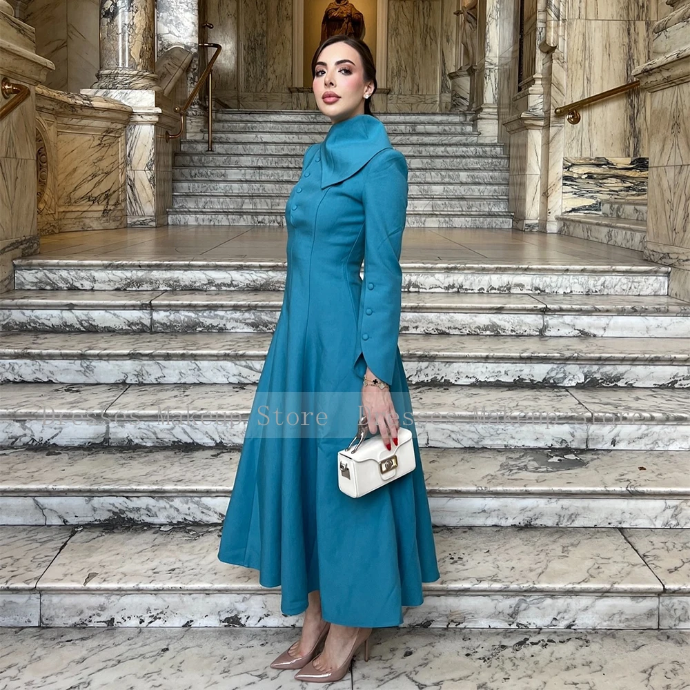 Party Dresses Midi Long Sleeves A Line Light Blue Elegant Cocktail Gowns for Women 2025 Tea Length Buttons Wedding Prom Dress image 4