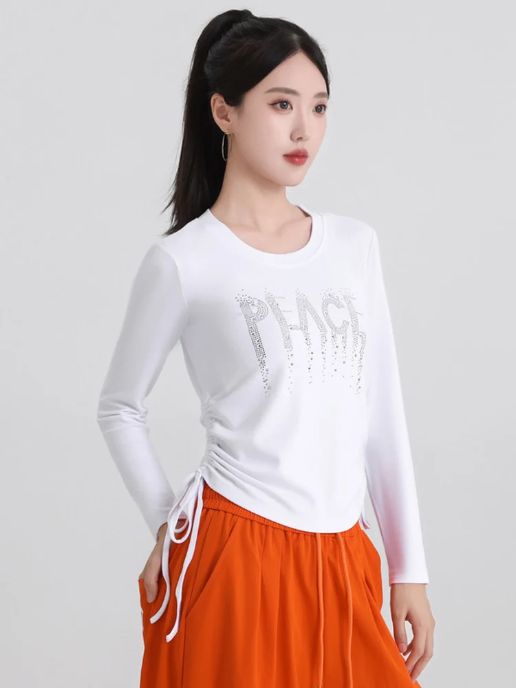 秋スクエアダンス薄型長袖-tシャツ女性カジュアル巾着スリムフィットラウンドネック高弾性コットンダンストップ