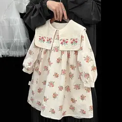 Baby Girls Dress Fashion Sweet Floral Square Collar Embroidery Long Sleeve 2024 Spring Autumn New Style Kids Princess Dress