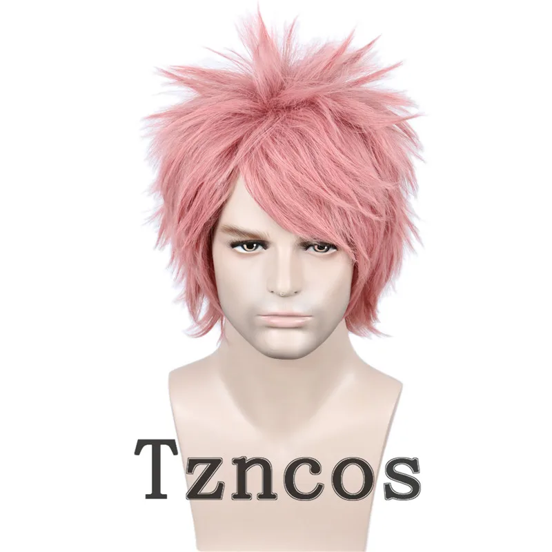 Tzncos Natsu peruka dla mężczyzny kobiety Unisex kostium peruka do Cosplay krótkie różowe włosy żaroodporne włosy syntetyczne