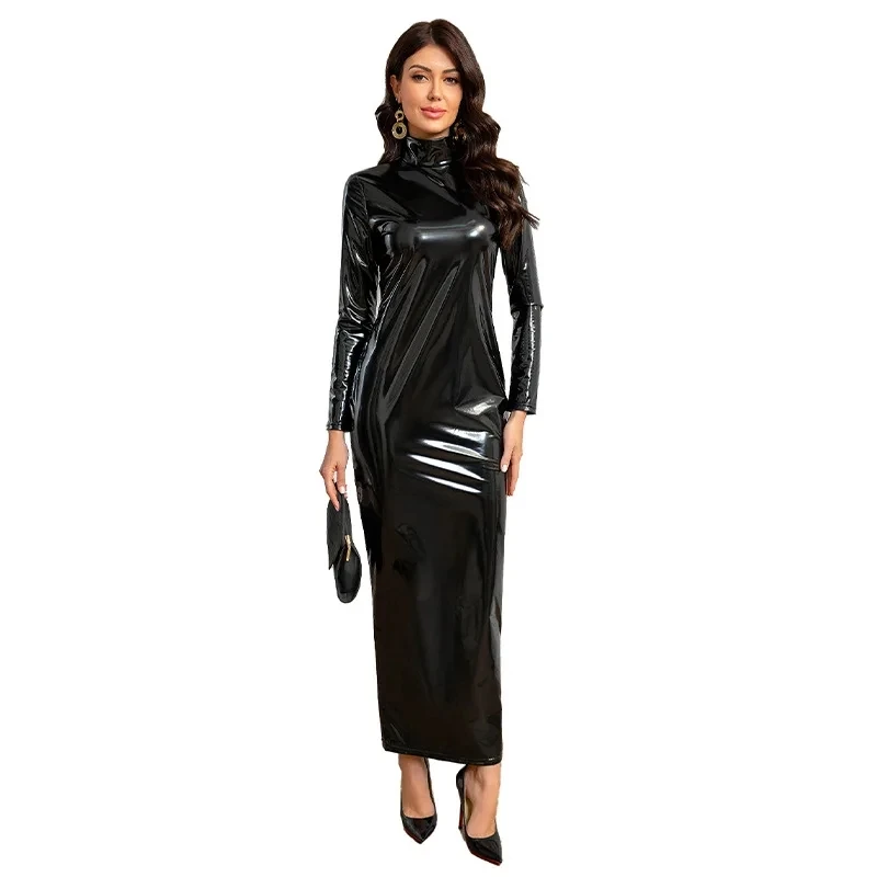 

fashion Black PU Leather Dress Women Long Sleeve Elegant Long Dress 2025 Autumn New