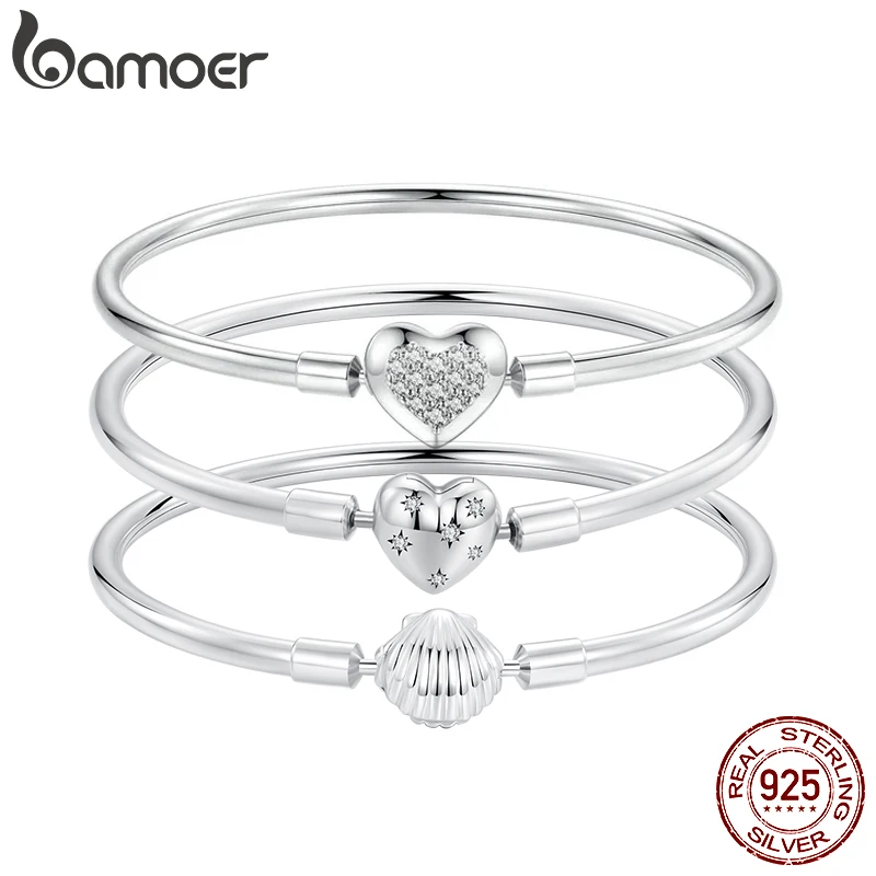 BAMOER Authentic 925 Sterling Silver Charm Bracelet, Classic Heart/Shell Basic Bangle for Women Charm Beads DIY Jewelry BSB192