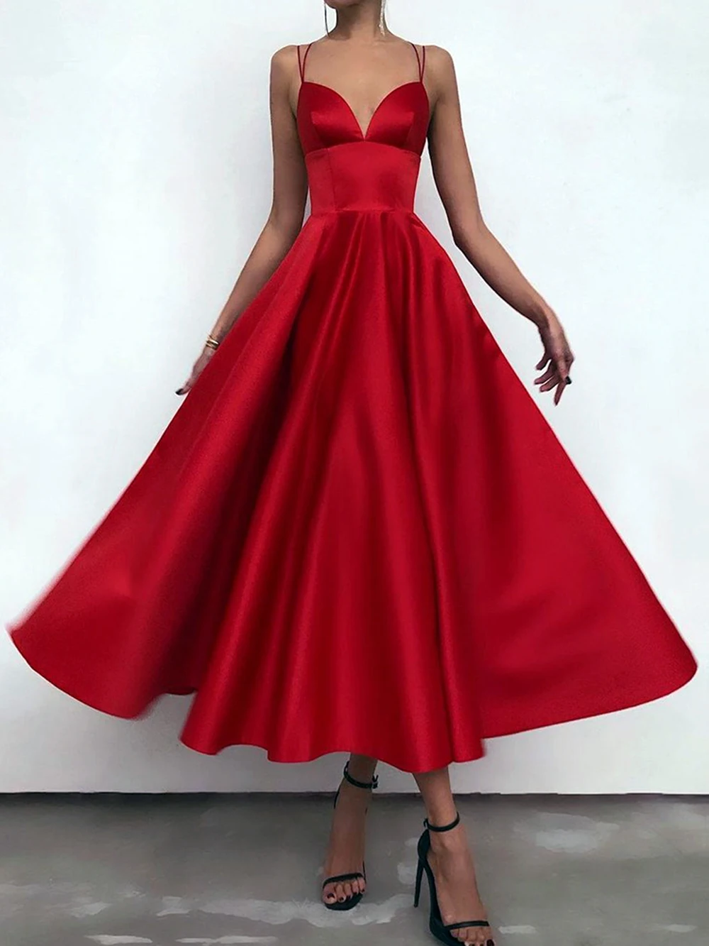 Simple Satin Spaghetti Strap Red V-Line Tea Length Backless Charming Evening Formal Party Prom Dress Vestido De Fiesta