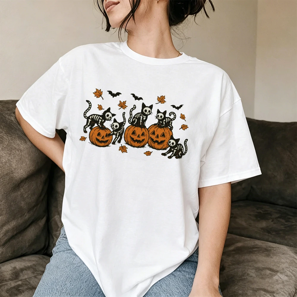 Halloween Graphic Tee Skeleton Black Cat Pumpkin Bat Maple Leaf Vintage Print O Neck Short Sleeve Women T Shirt