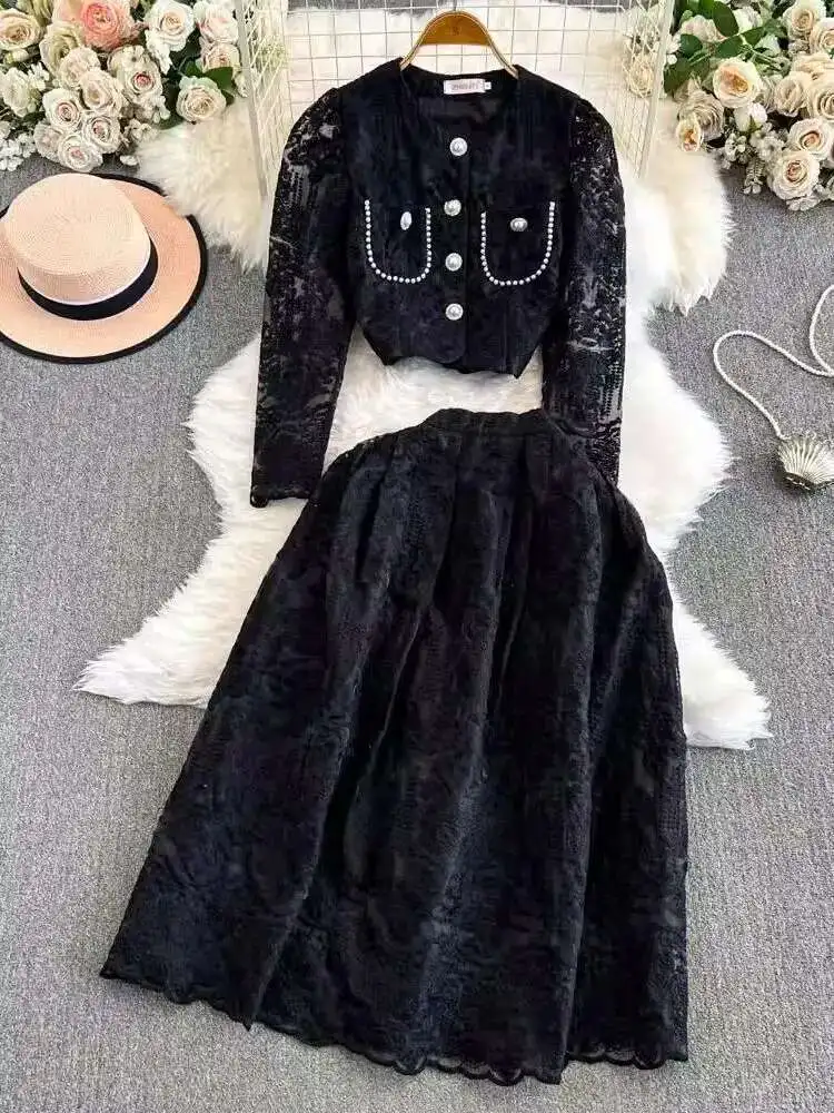 Autumn Elegant Flower Embroidery Lace Two Piece Matching Set Women\'s Long Sleeve Pearls Button Crop Top Midi Skirts Suits