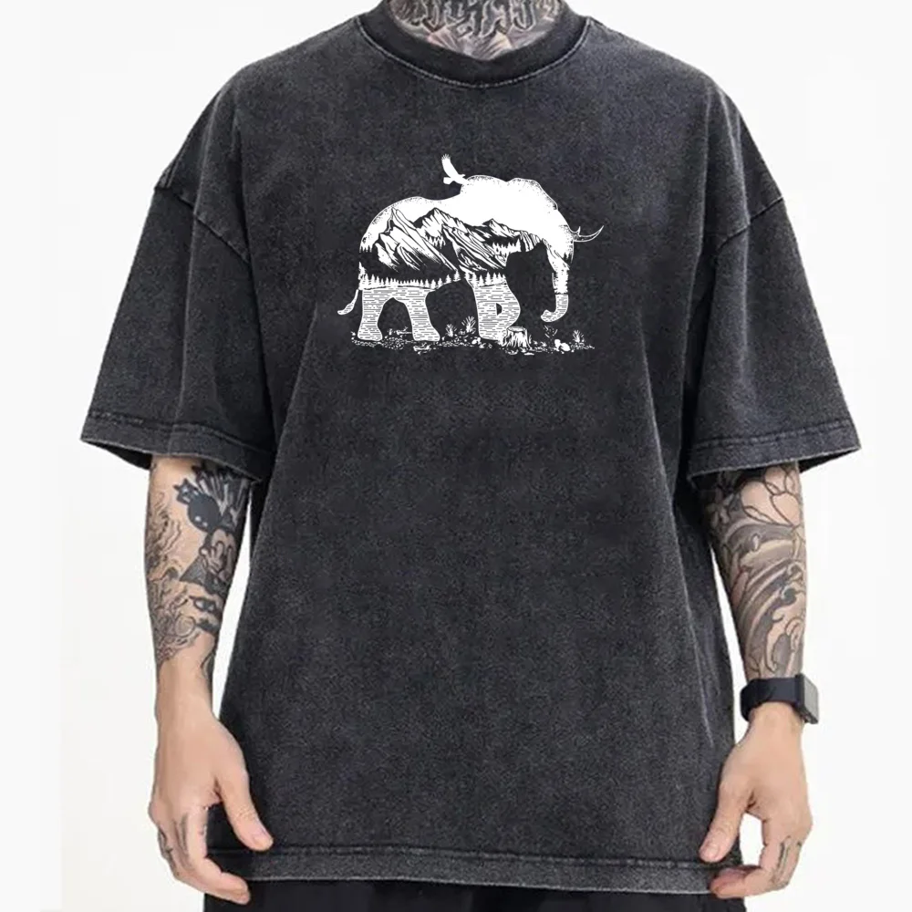 Elephant Mountains Rivers Forest Printed vintage Washed T Shirts Round Neck 100% Cotton Fabric Mans Tops Tees Washed Tshirts