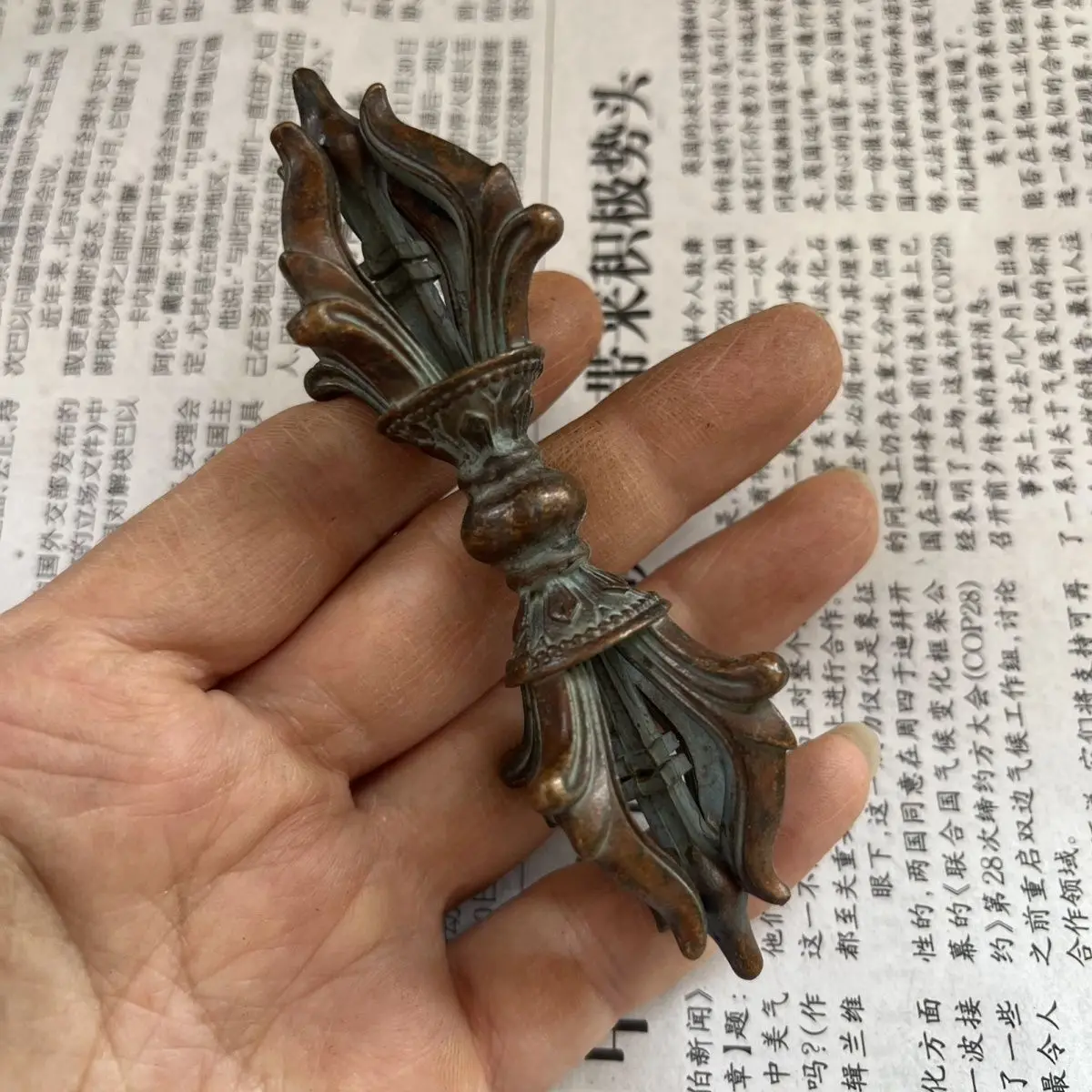 Old Tibetan Collection Copper Exquisite Five-pronged Vajra Subdue Pestle Tantric Dharma Tool Feng Shui Statue Decor