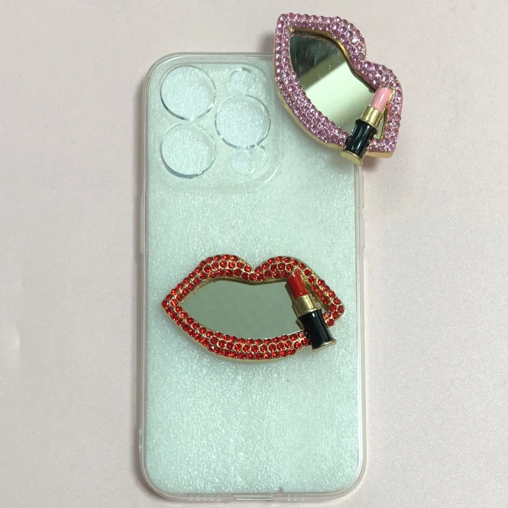 

2Pcs Luxury Bling Pink Red Rhinestone Lips Mirror Black Lipstick Tube Flat Back Charms Diy Junk Phone Case Decorations Wholesale