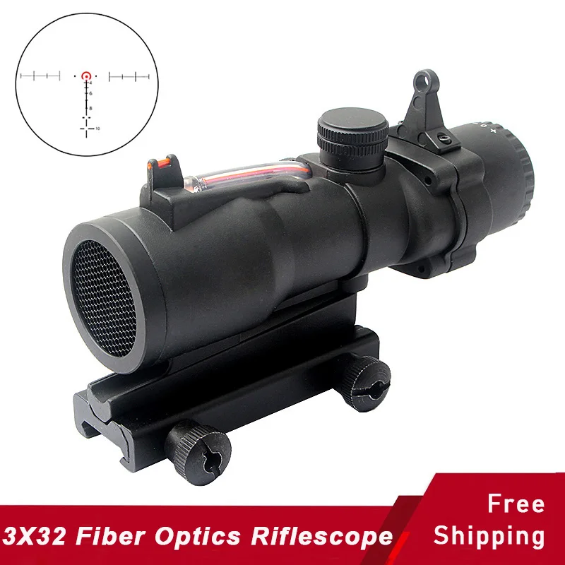 3x32 Fiber Optics Red Dot Illuminated Real Fiber Source Scope Tactical 3x Magnifier Hunting Riflescope Aluminum Housing