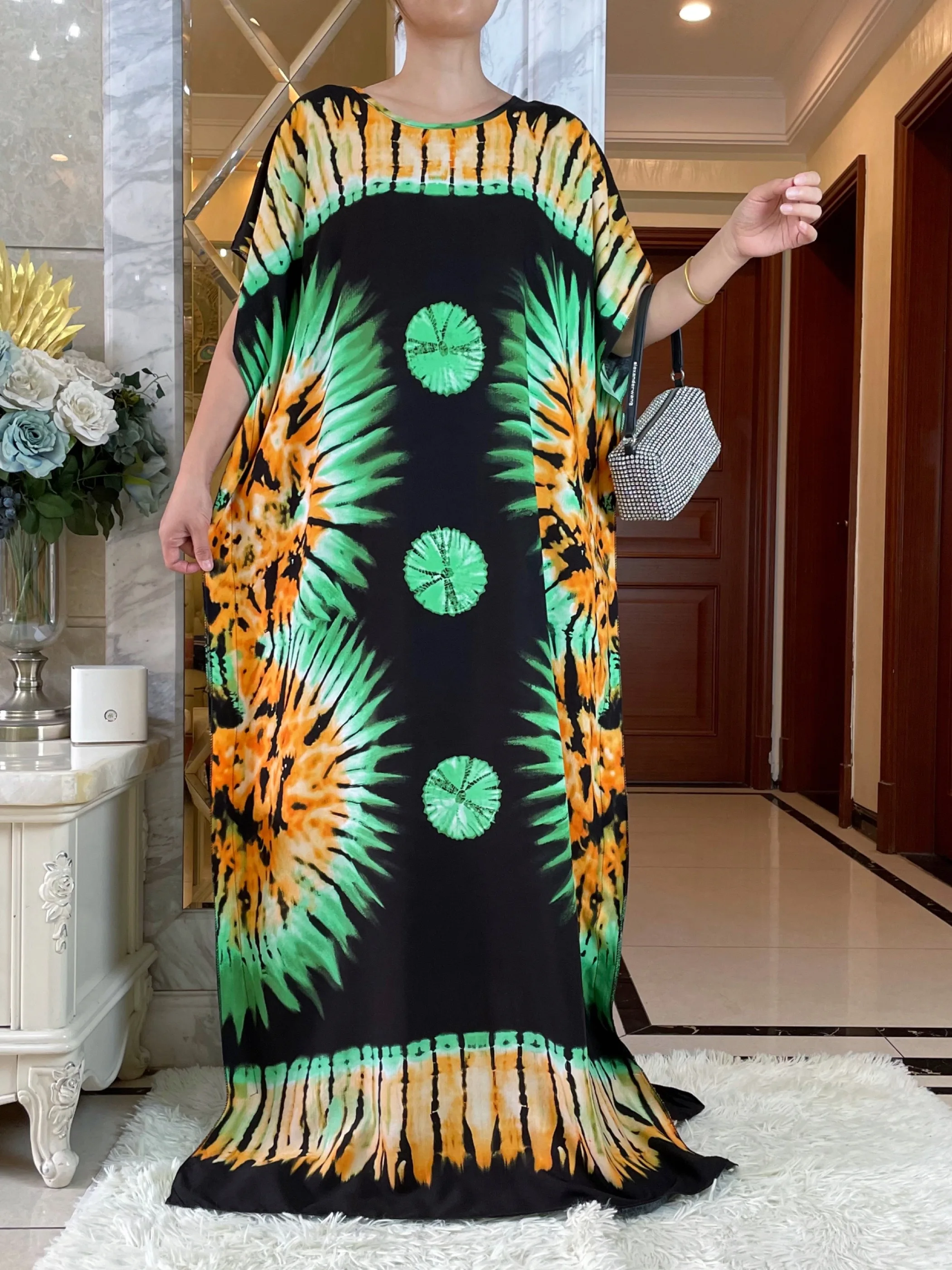 2024New African Women\'s Summer Short Sleeve Dashiki Cotton Floral Dress Printed Loose Caftan Abaya With Big Scarf Casual Vestido