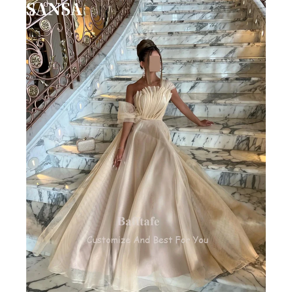 Sansa Luxury A-Line Champagne Organza Eveing Dress Floor-Length Off the Shoulder Wedding Dresses Draped vestidos de fiesta 2024