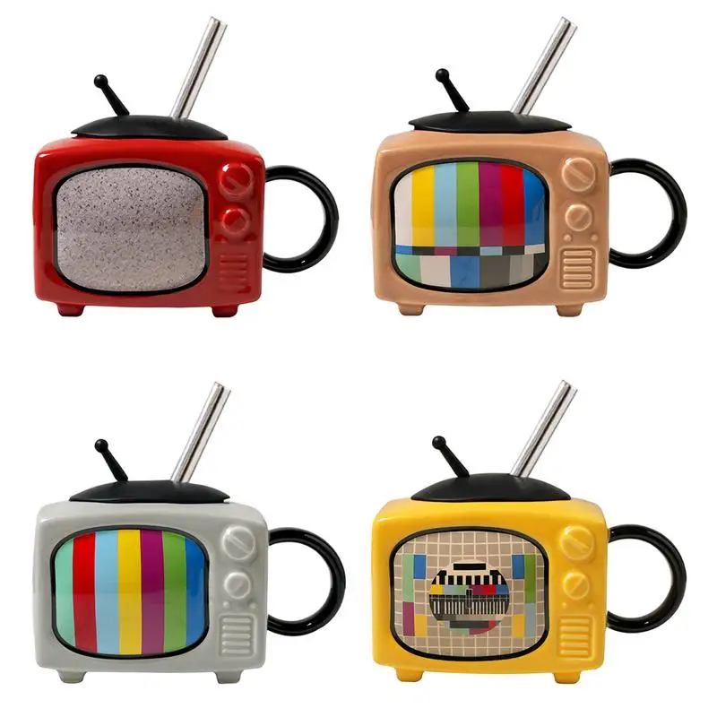 Creative 3D Television TV Shape Milk Beer Mugs with Cover Household Cup Exquisite Drinking Drinkware Ceramic Coffee Mugs Retro