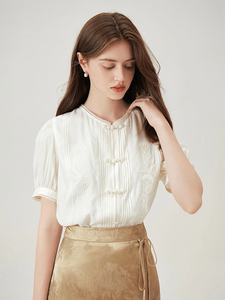 

FSLE Women Beige Round Neck Short Sleeve Blouses New Chinese Style Puff Sleeve Temperament Lace Short Shirts Top 24FS12898