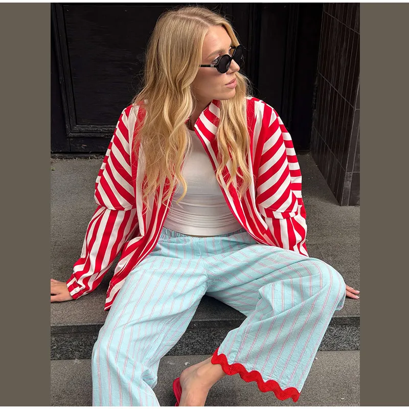 Casual Contrast Striped Women's Pants Wave Cut Elastic Waist Female Wide Leg Trousers 2026 Autumn Lady Vintage Chic Pant