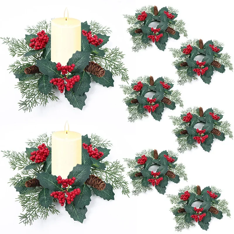 Artificial Flower Candle Wreath Garland Romantic Candle Rings Pinecone Green Leaf Candlestick Wreath Christmas Decor