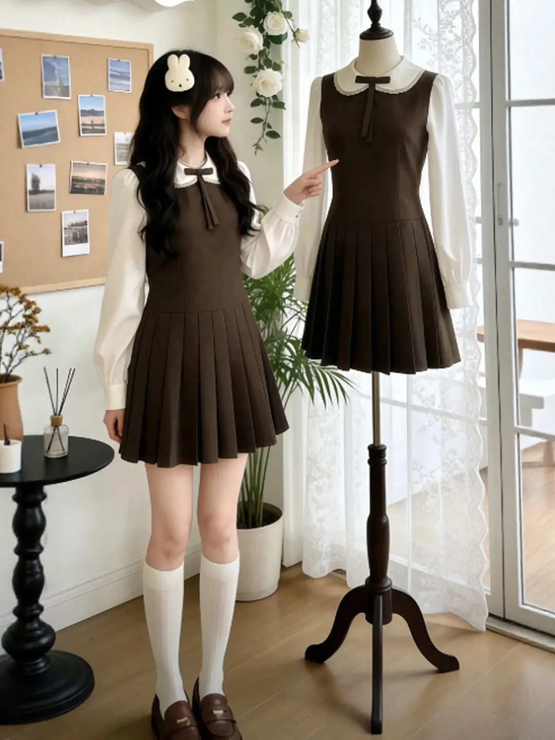 

Charming Doll Collar Pleated Skirt Dr Beautiful College Sle Unique Spring Faion Soft Cotton Long Sve High Waist A-L...