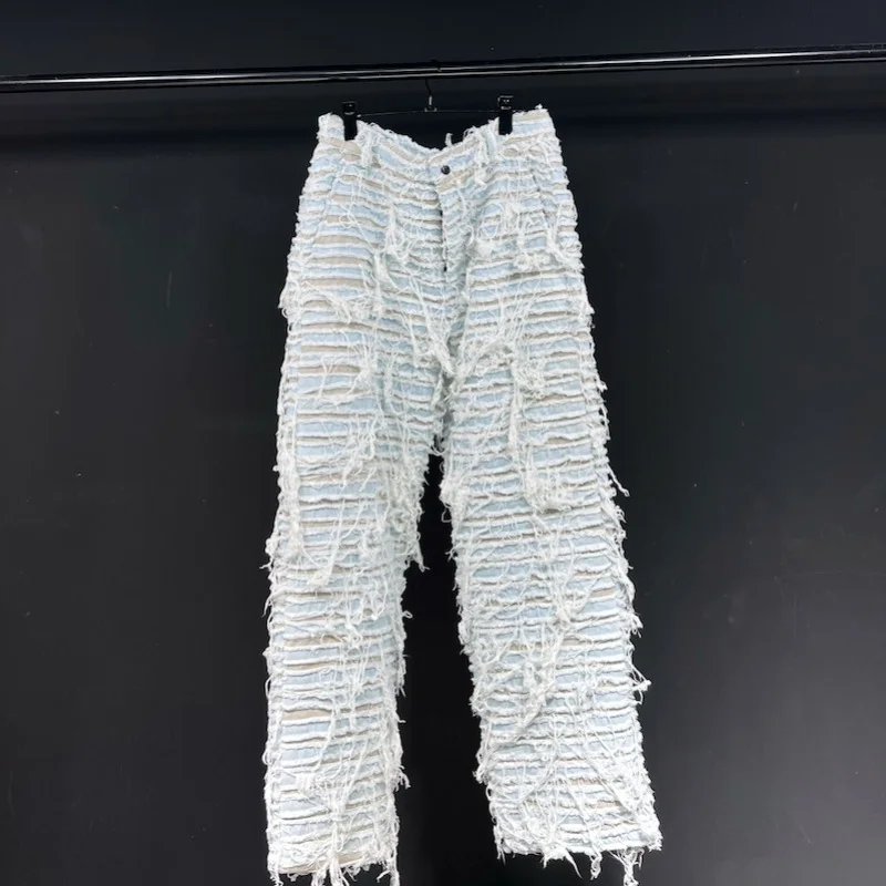 

Washed Broken Horizontal Strip Light Blue Jeans Straight-Leg Pants Trendy Brand Trendy Distressed Ragged Fashionable Men's Pants