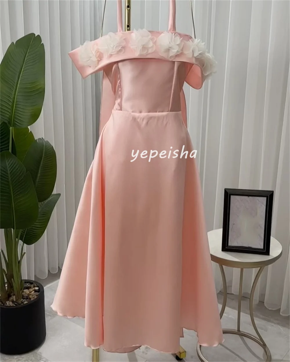 Customized Intricate Pleat Ruched Handmade Flower Rhinestone A-line Off-the-shoulder Midi Dresses Bespoke Occasion Dresses Retro