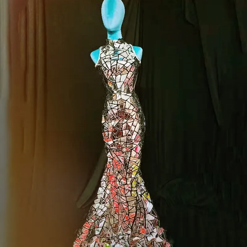 

Laser Mirror Sequins Sleeveless Long Dress Women Singer Models Catwalk Stage Performance Clothes Prom Birthday Celebrate Dresses