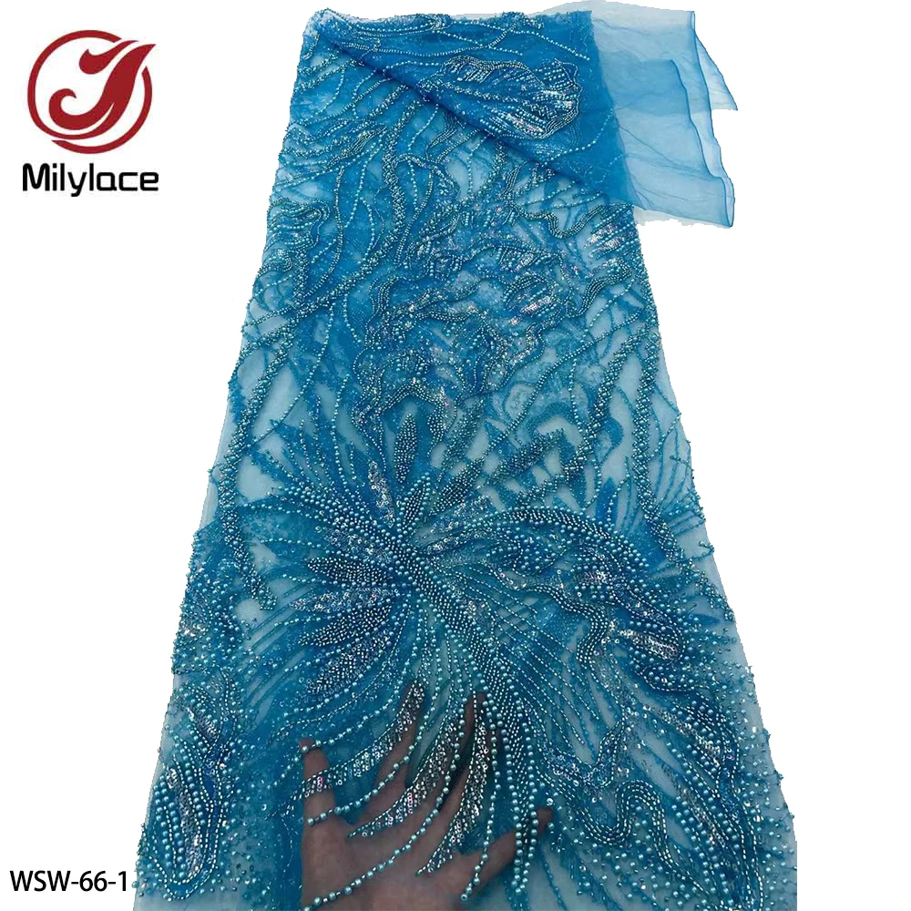 

High-End French Embroidery Heavy Beaded Lace Fabric African Nigerian Sequins Groom Fabric for Dress Sewing WSW-66