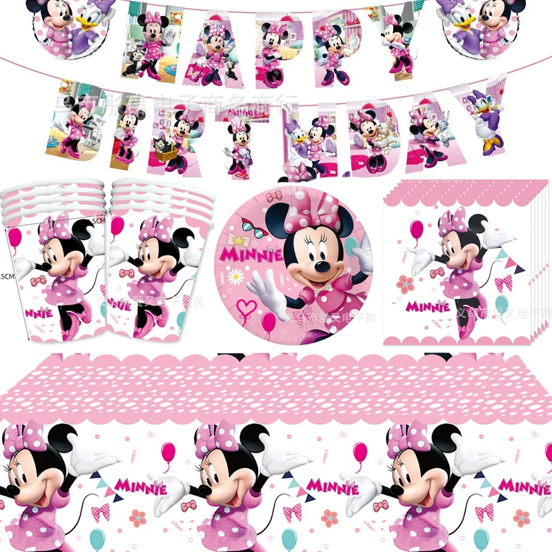 

56pcs/lot Minnie Mouse Theme Hanging Banner Tablecloth Happy Birthday Party Plates Cups Decoration Baby Shower Napkins Towels