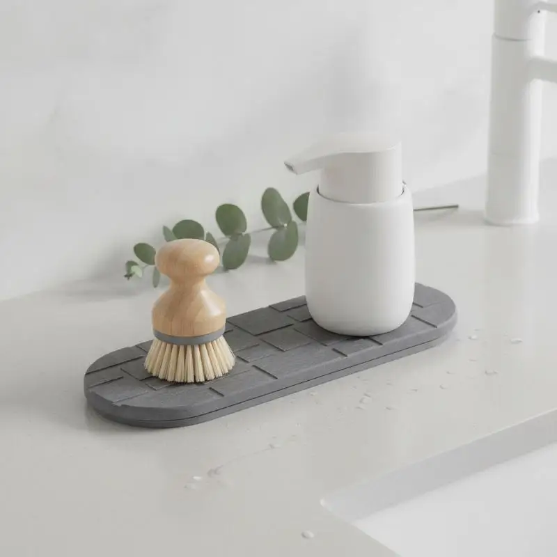Diatomite Sink Tray With Silicone Based Fast Drying Stone Dish Mat For Kitchen Bathroom Countertop Soap Dispenser Holder