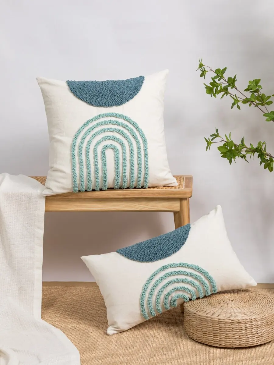 

1pc/2pcs Set Semi-Circle Geometric Black Coffee Color Pattern Canvas Plush Embroidery Decorative Throw Pillow Case For Home, Bed