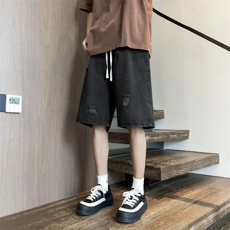 Summer Baggy Stretchy Denim Shorts Jeans For Men Y2K Streetwear Ripped Cargo Casual Shorts Pants Jean Retro Blue Bermuda