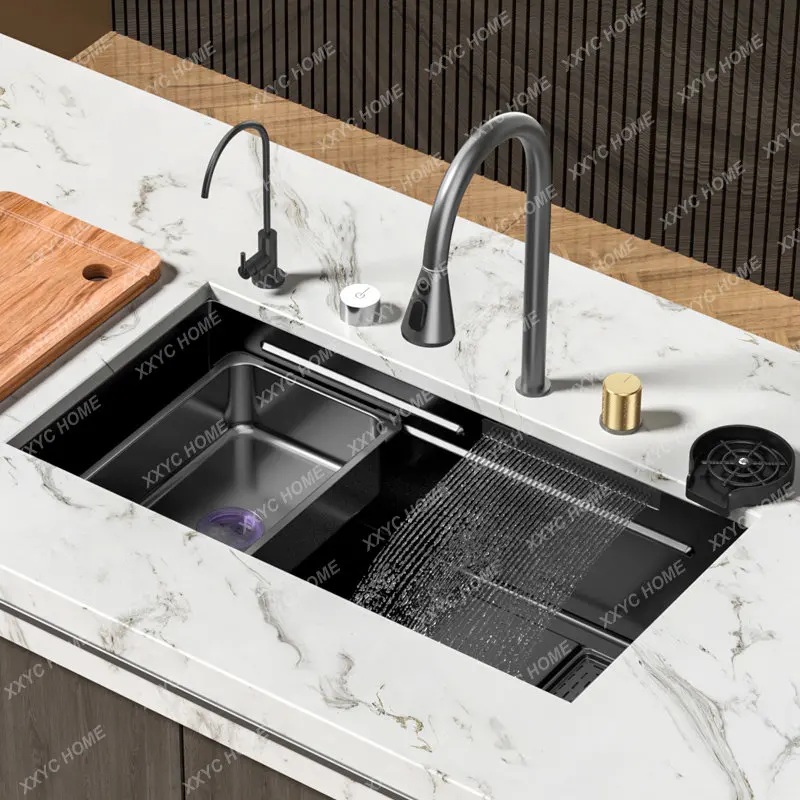 

with Waterfall Faucet Nano Stainless Steel Large Single Slot Black Wash Basin Above Counter/Apron Front/Undermount