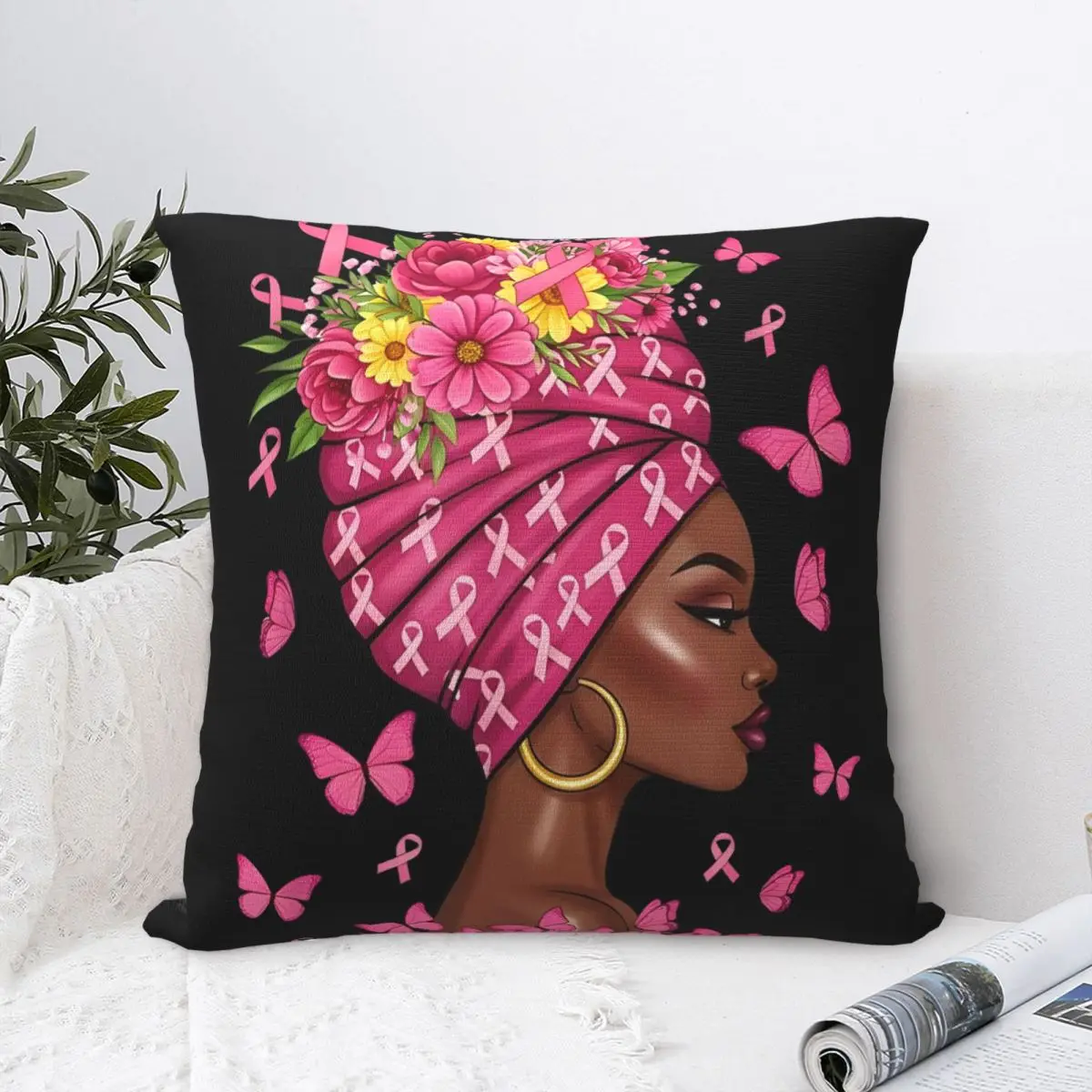 Breast Cancer Afro Girl Pink Ribbon Awareness Throw Pillow Cover Throw Pillow 45*45cm Cushion Covers