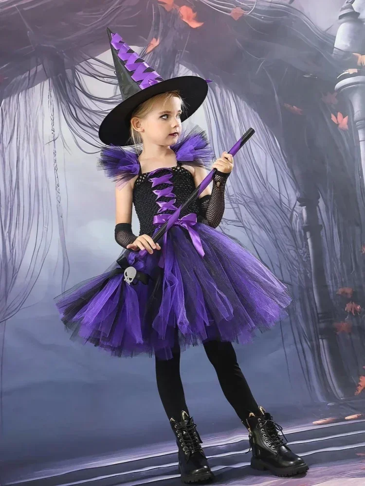 Halloween Hexen-Kostüm für Mädchen, Cosplay-Tutu-Kleid mit Hexenhut und Besen für Karneval, Kostümparty und Aufführung – Detail 3