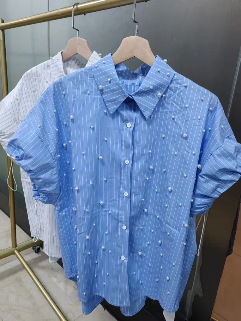 

Real Photo Pears Beaded Loose Casual Cotton Blended Short Sleeve Stripe Shirts Blouses Women 2025 Summer Mid-length Tops