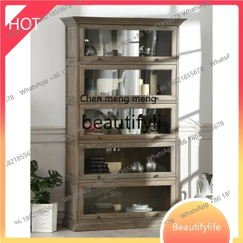 

cn ssFrench Стиль Североамериканский белый дуб Книжная полка из массива дерева Винтажный потертый стеклянный шкаф для хранения ss8617