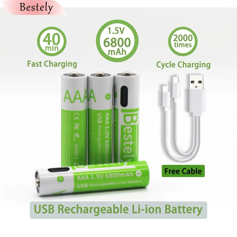 Bestely 1.5V AAA USB-C Rechargeable Battery 6800mAh, 2000 Cycles, for Remote/Mouse/Toy
