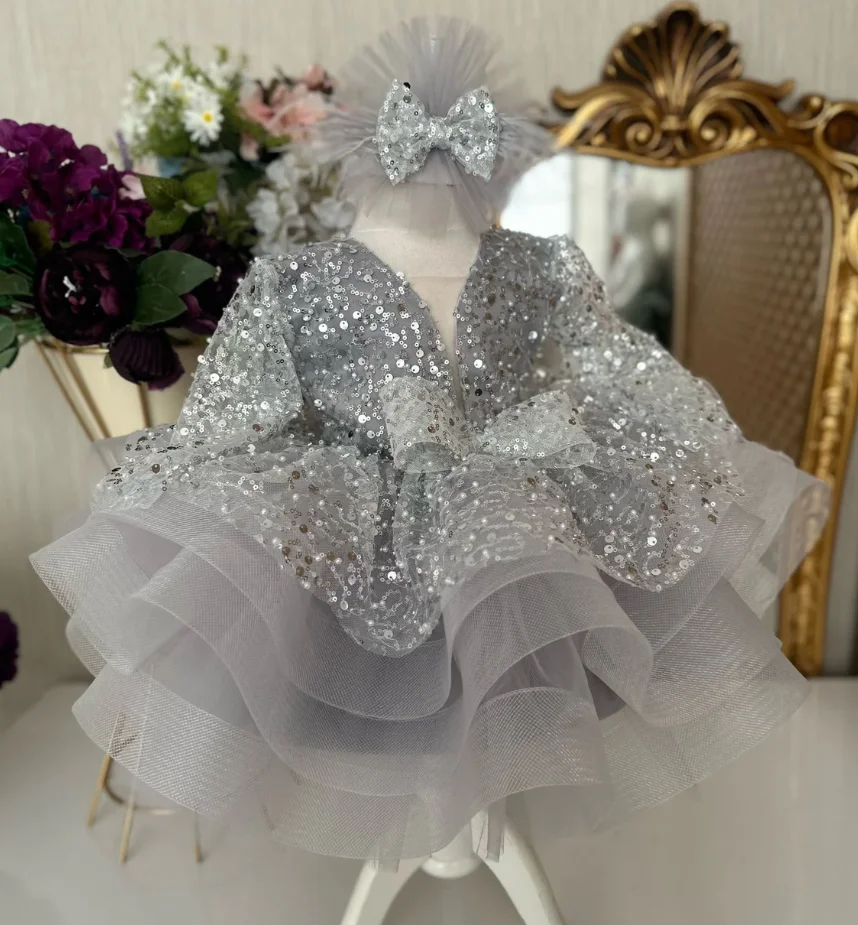 

Silver Sequined Baby Girl Dress Princess Puffy Tulle Organza Toddler Tutu Outfit Photoshoot Baby Dress Kid Size 12M 18M 24M