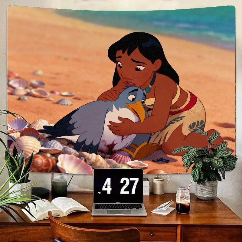 

1PC Lilo & Stitch Inspired Tapestry, Heartwarming Girl Comforting Wounded Bird Beach Wall Art, Dorm Bedroom Decor Gift for Fans