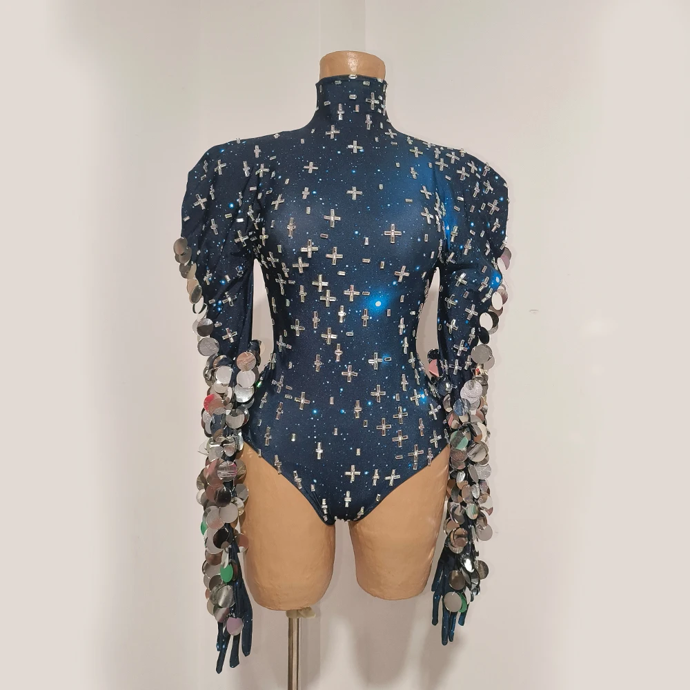 Dark Blue Galaxy Print Sequin Fringe Bodysuit High Neck Puff Long Sleeve Leotard Nightclub Party Stage Performance Dance Costume