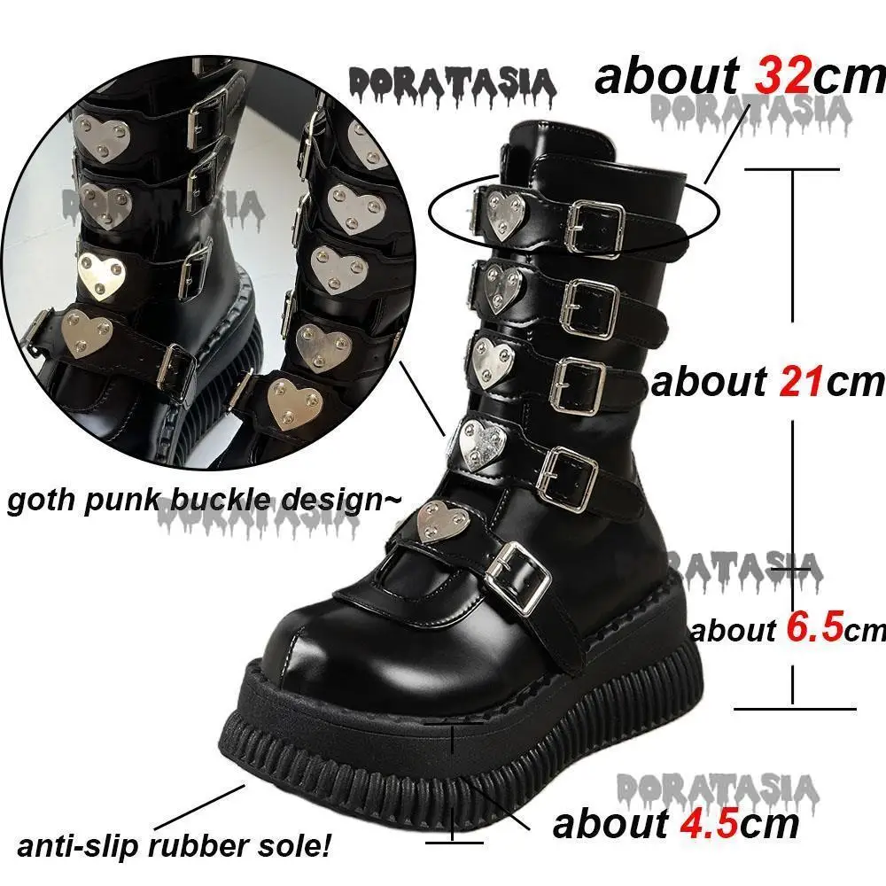 Stivali da moto da donna con plateau fibbia con zeppa spessa scarpe a metà polpaccio Luxury Punk Goth Cosplay Lolita Holloween wotter Boots