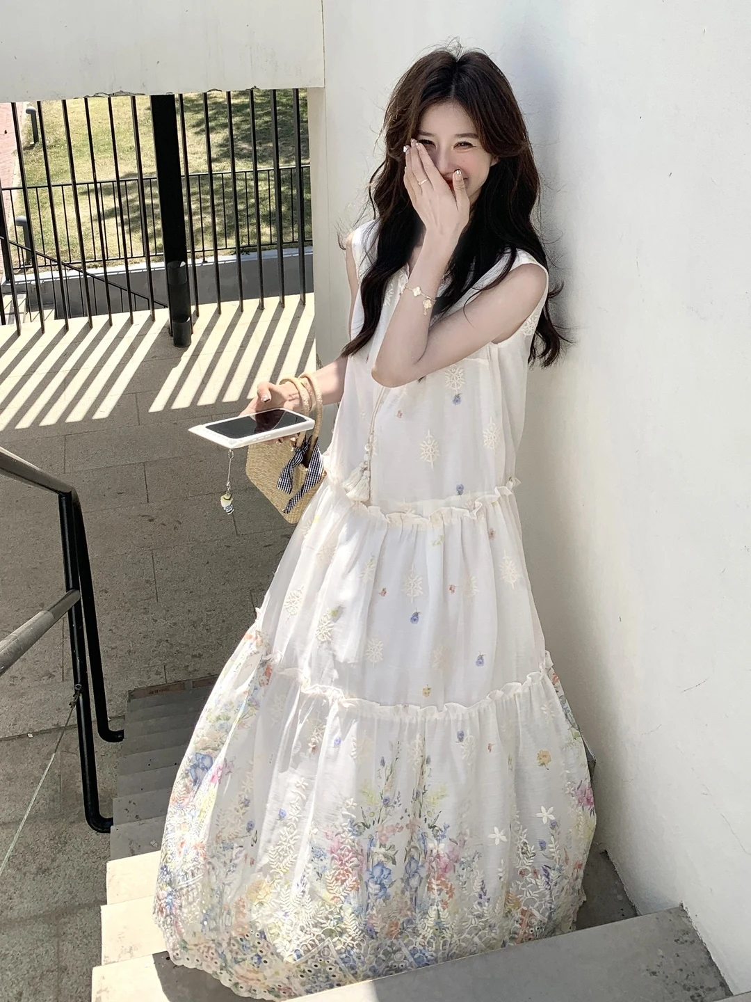 Sweet Daily Feel Simple Embroidered Print Dr Women's Summer Tassel Bow Ne Long Skirt A-Line Gown No-Sve Polyester Fabric