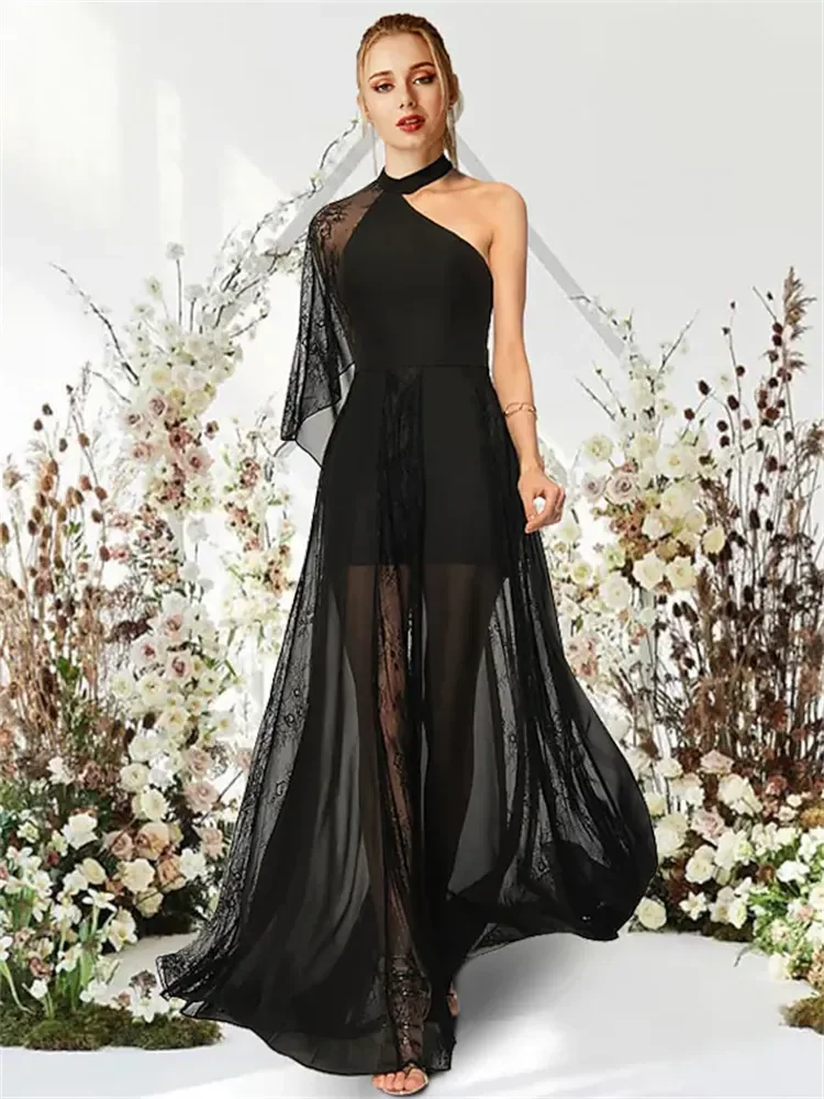 Black A-line halter tulle applique ball gown Women's maxi dress One shoulder pleat Formal party special occasion evening dress