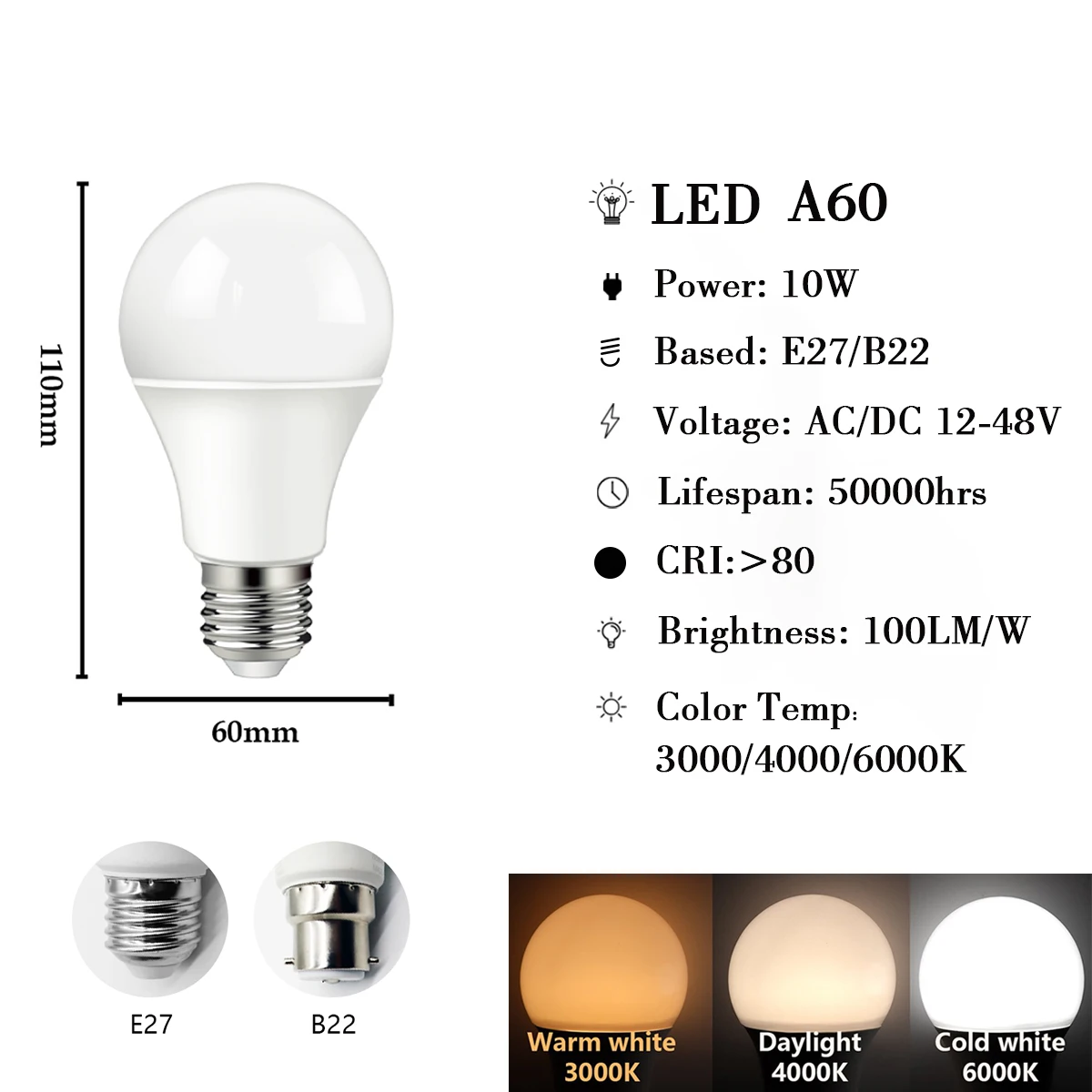 Bombilla LED E27 B22 de 12 V-48V CC/CA, lámparas de 3W, 5W, 10W para bombillas solares, iluminación de lámpara de bajo voltaje de 12 voltios, 6 unidades por lote