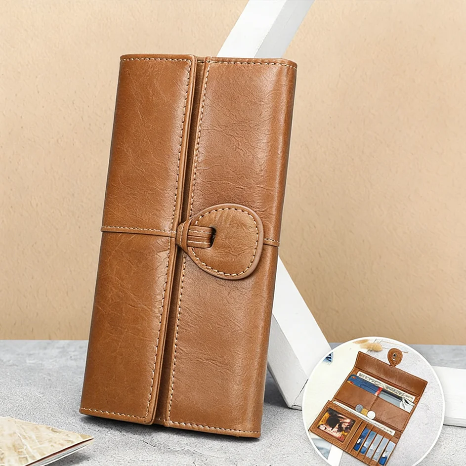 Women's Wallet Fashion Zipper Clutch High-End Feel Buckle Multi-Card Slot Genuine Leather Long Wallet