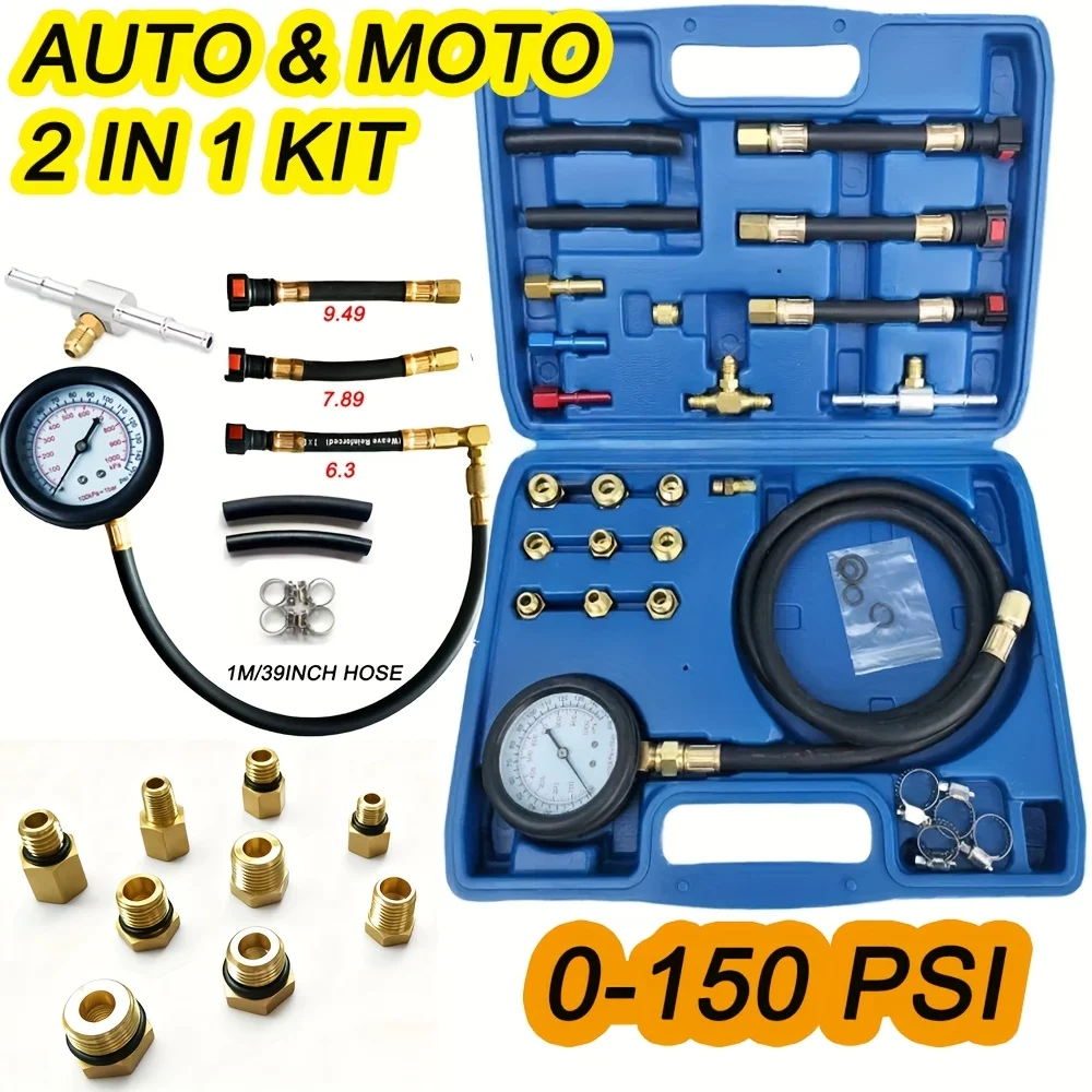 Kit de medidor de presión de combustible, 150PSI, bomba de inyector de motor automotriz, juego de herramientas de manómetro de inyección de Gas y gasolina para motocicleta
