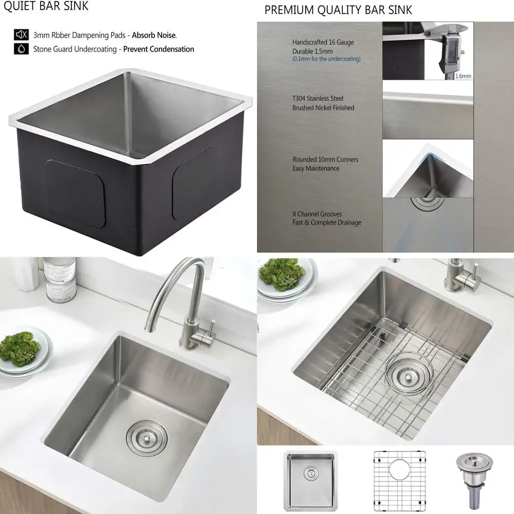

Встраиваемая мойка для бара 15 x 17 дюймов, нержавеющая сталь SUS304 16 калибра, отделка из матового никеля, одинарная чаша для уличной кухни