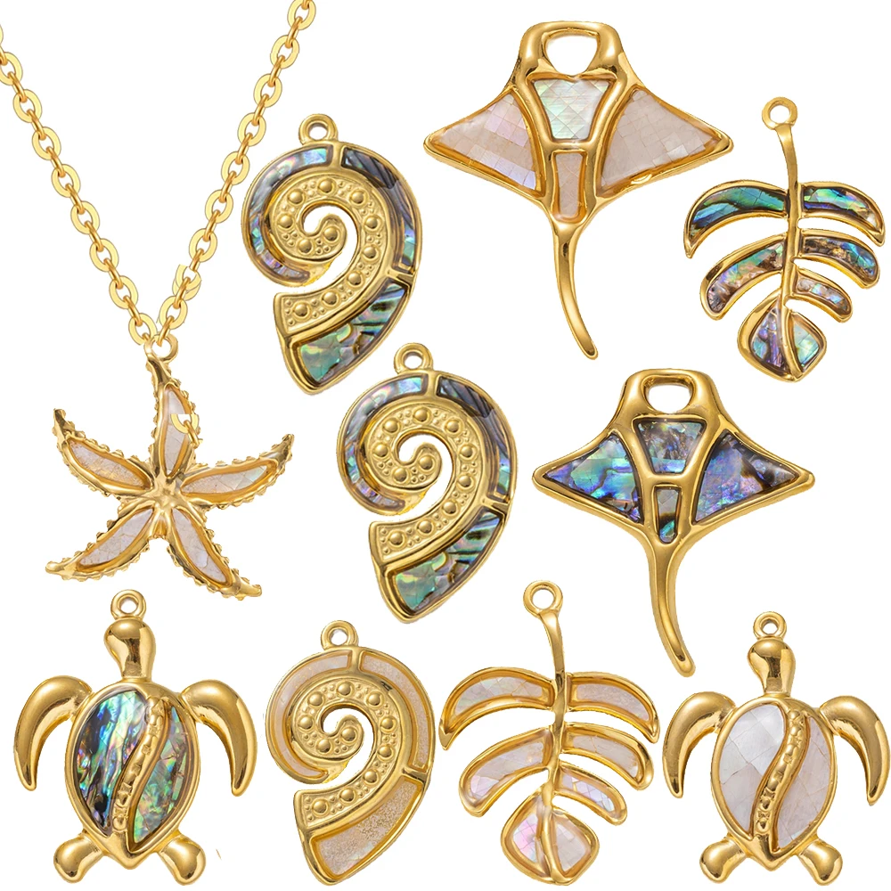 Breloques en acier inoxydable 304 et coquillage, série océan, pour la fabrication de bijoux, couleur or, tortue de mer, pendentif conque animale, collier, 2 pièces