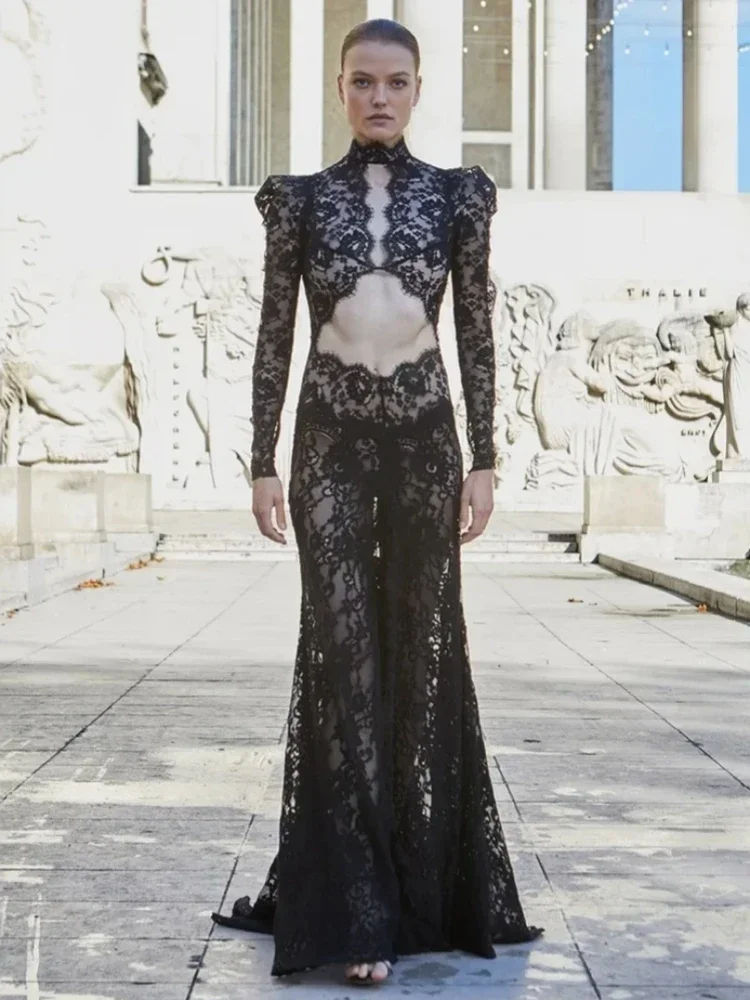 Vestido largo de encaje recortado de manga larga para mujer, vestido Sexy de alta calidad, negro, elegante, Floral, ceñido, vestidos de fiesta de noche para celebridades