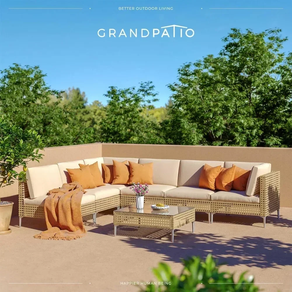 Grand patio 7-delige rieten terrasmeubilairset, Boho buitenconversatieset sectionele bank met waterbestendige dikke kussens