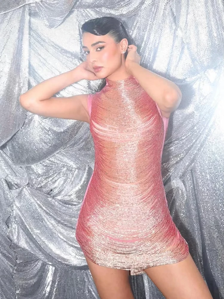 2025 Women Sexy O Neck Sleeveless Pink Tassel Mini Bodycon Bandage Dress  Elegant Evening Club Party Dress - AliExpress 200000345