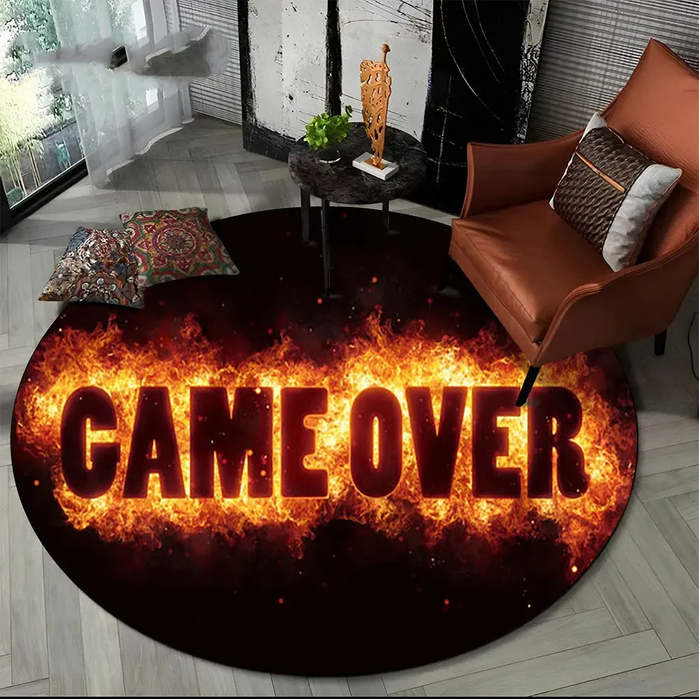 3D Game Over Fire Round Carpet Cartoon Gamer Circle Rug Teens Playroom Bedroom Living Room Balcony Floor Mat Home Decor Doormat