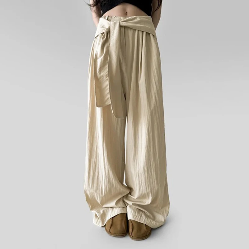 OMSJ Female Harajuku Casual Style Simple High Waist Quick Drying Drop Folds Straight Leg Pants Versatile Strappy Design Trousers